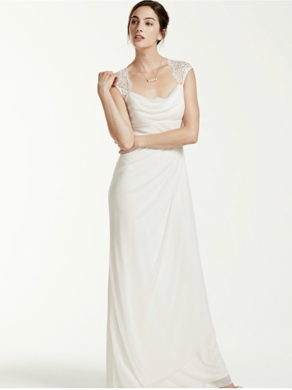 Ivory Lace-Cap Bridal Gown with Draped Bodice